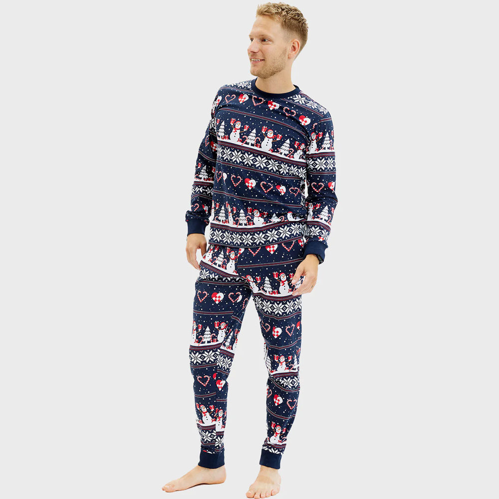 Pyjama de Noël Homme Bonhommes de Neige et Cœurs Bleu