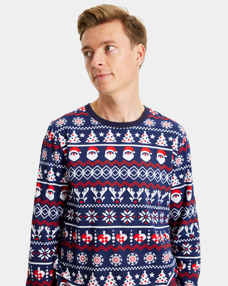 Pyjama de Noël Homme Père Noël, Sapins et Cœurs Bleu