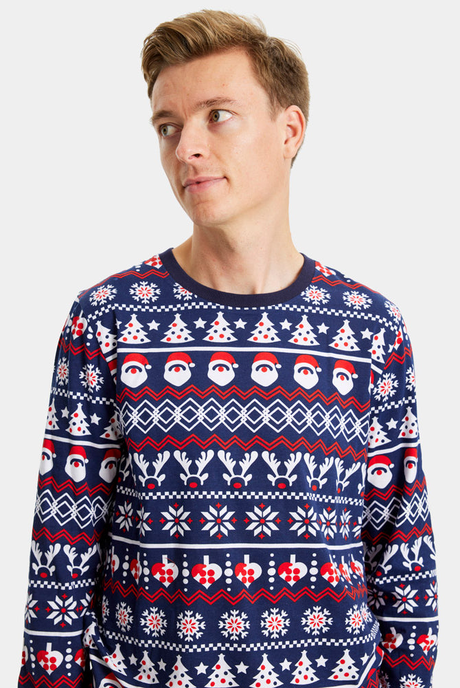 Pyjama de Noël Homme Père Noël, Sapins et Cœurs Bleu