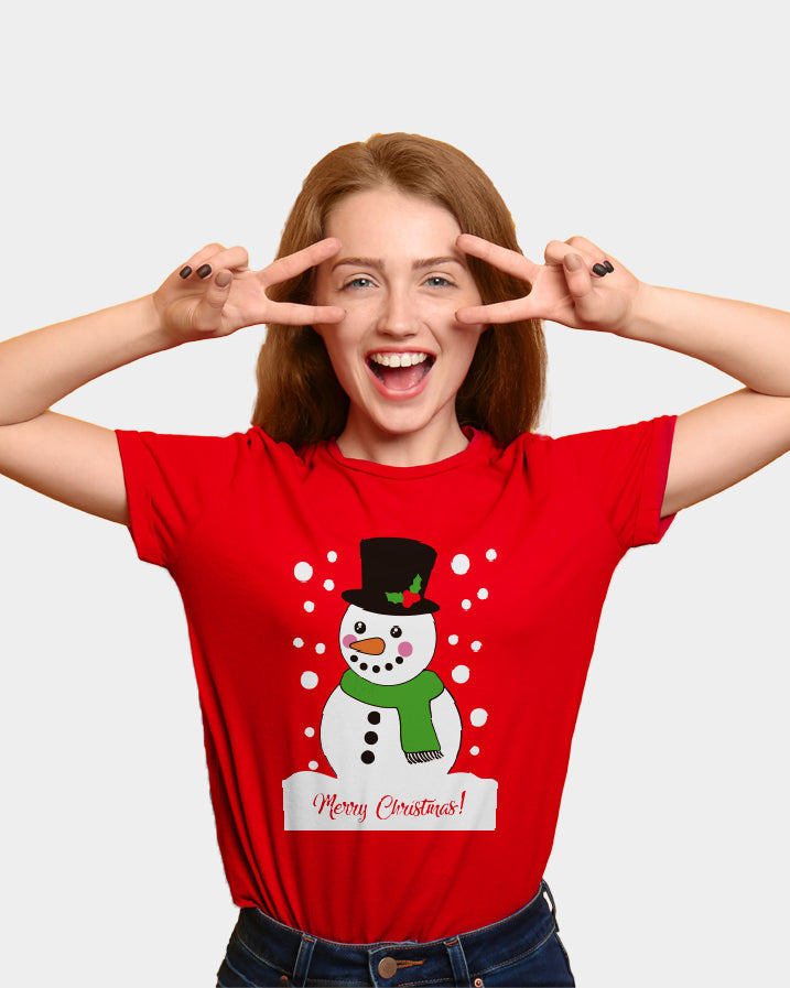 T-Shirt de Noël pour Famille Rouge avec Bonhomme de Neige femme
