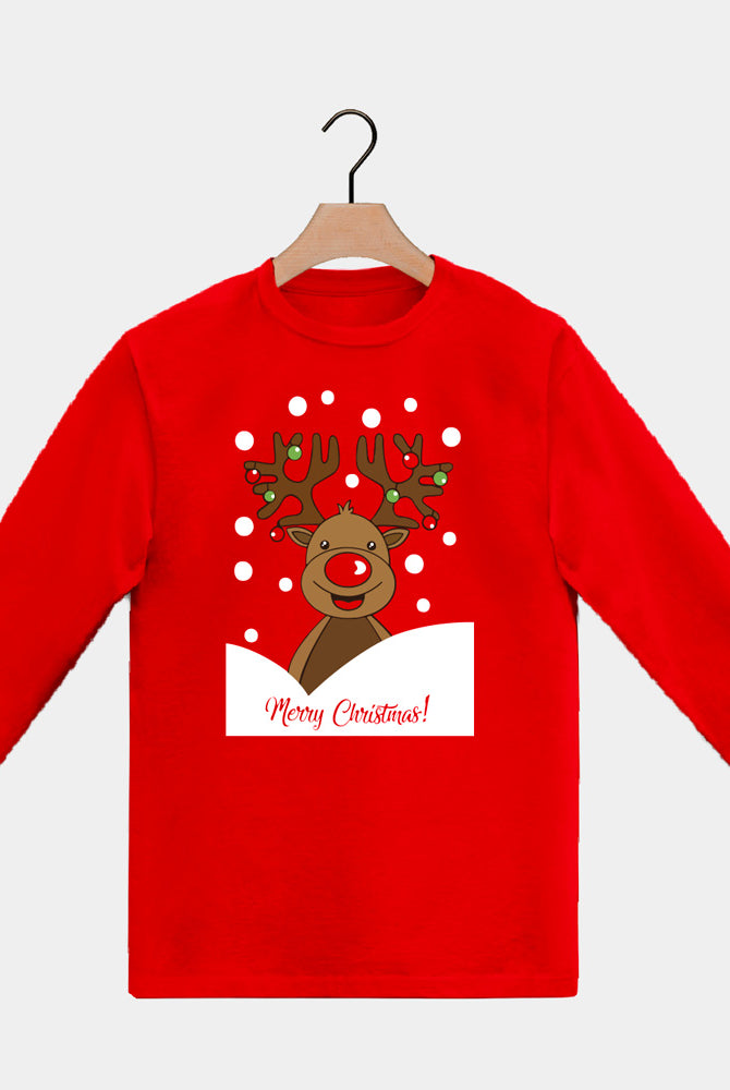 T-Shirt de Noël pour Famille Rouge Manches Longues Renne Rudolph