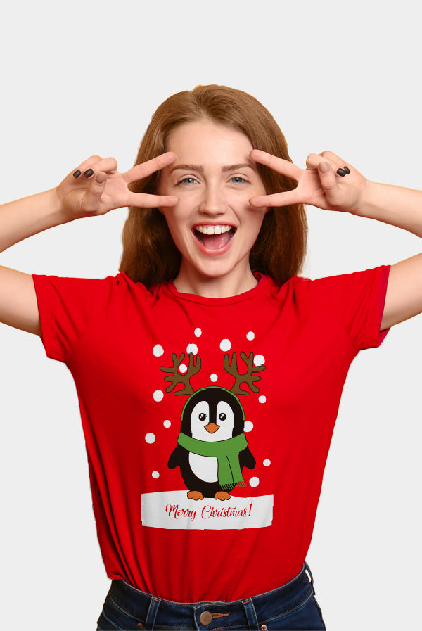 T-Shirt de Noël pour Famille Rouge avec Pingouin femme