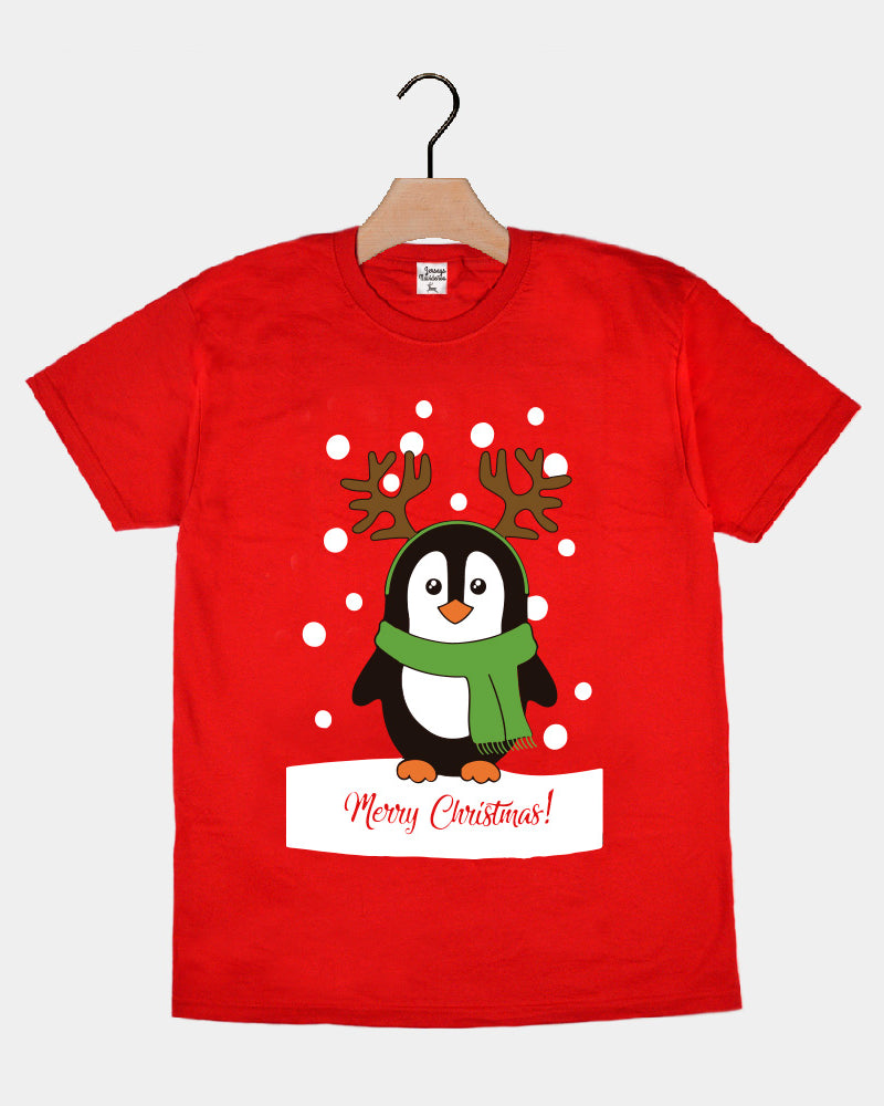 T-Shirt de Noël pour Famille Rouge avec Pingouin