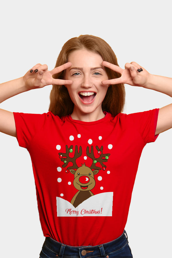 T-Shirt de Noël pour Famille Rouge avec Renne Rudolph femme