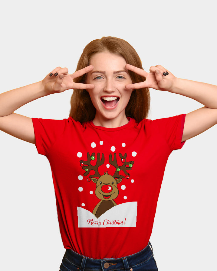 T-Shirt de Noël pour Famille Rouge avec Renne Rudolph femme