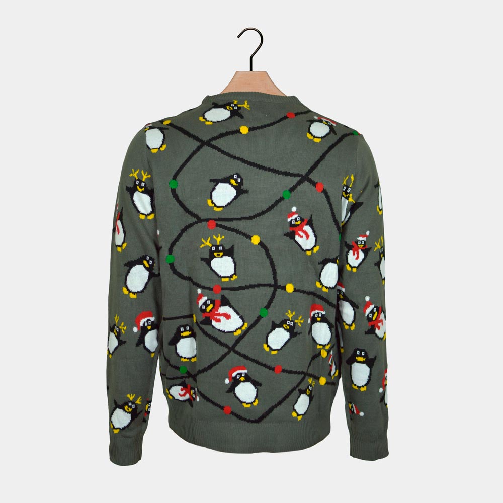 Pull de Noël Lumineux LED Gris avec Pingouins dos
