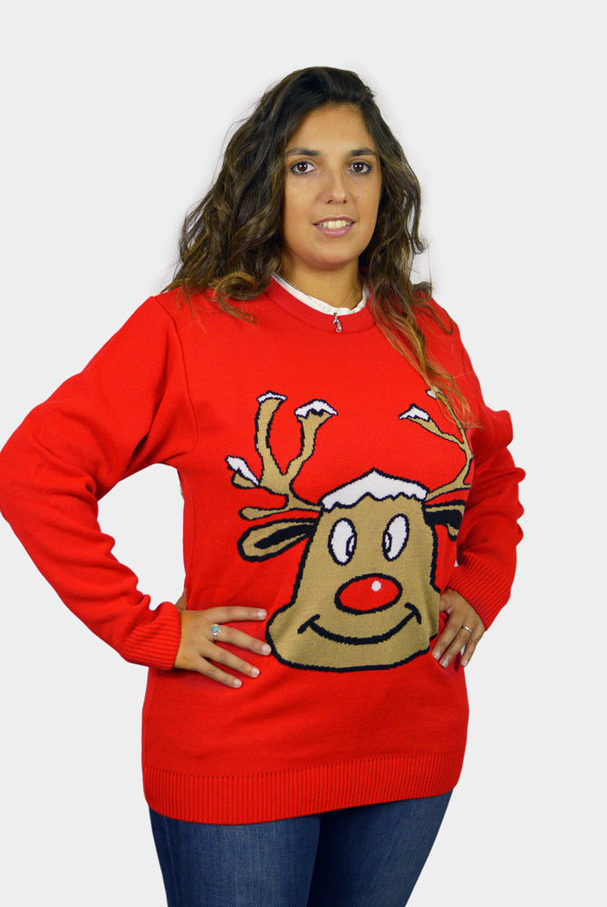 Pull de Noël pour Famille Rouge avec Renne Souriant couple