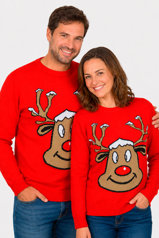 Pull de Noël pour Famille Rouge avec Renne Souriant couple