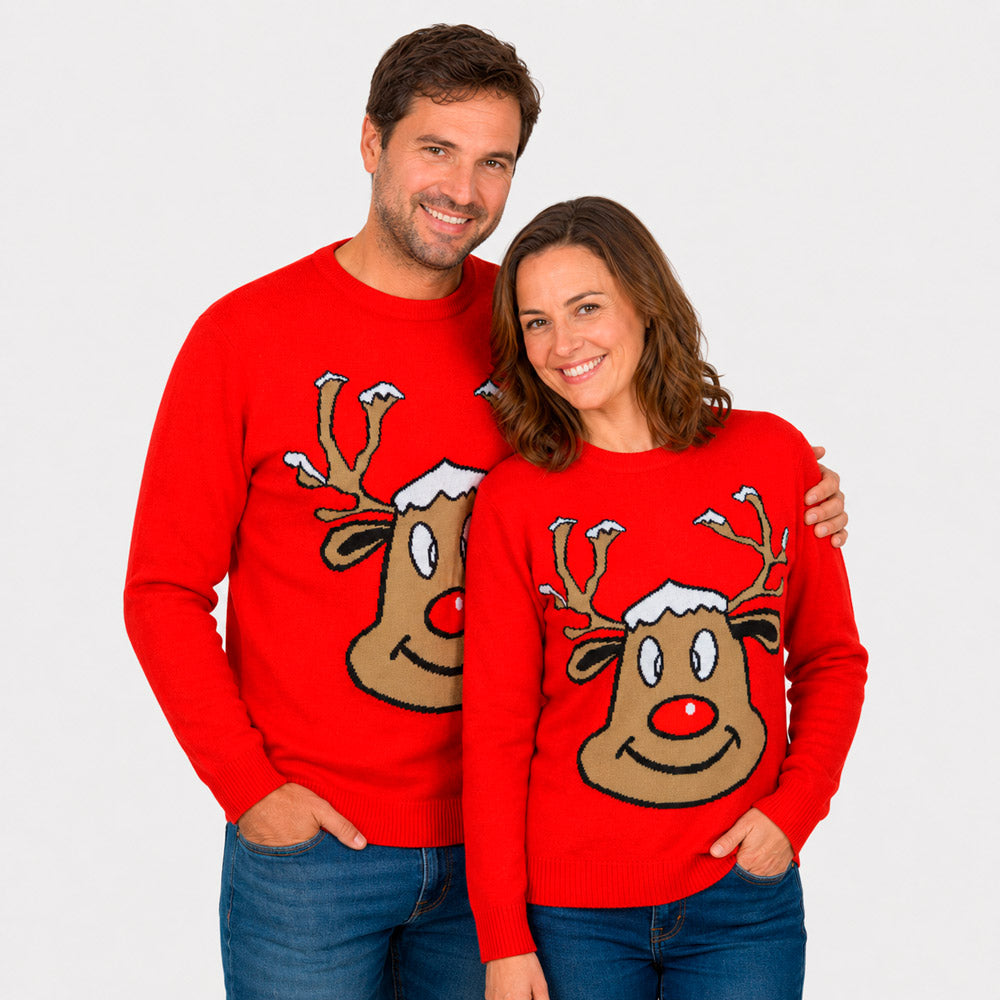Pull de Noël pour Famille Rouge avec Renne Souriant couple