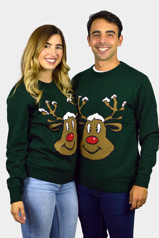 Pull de Noël pour Famille Vert avec Renne Souriant couple