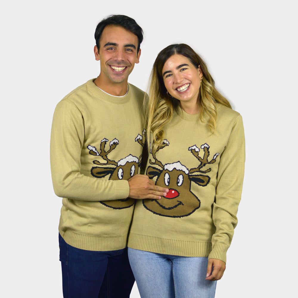 Pull de Noël Beige avec Renne Souriant couple