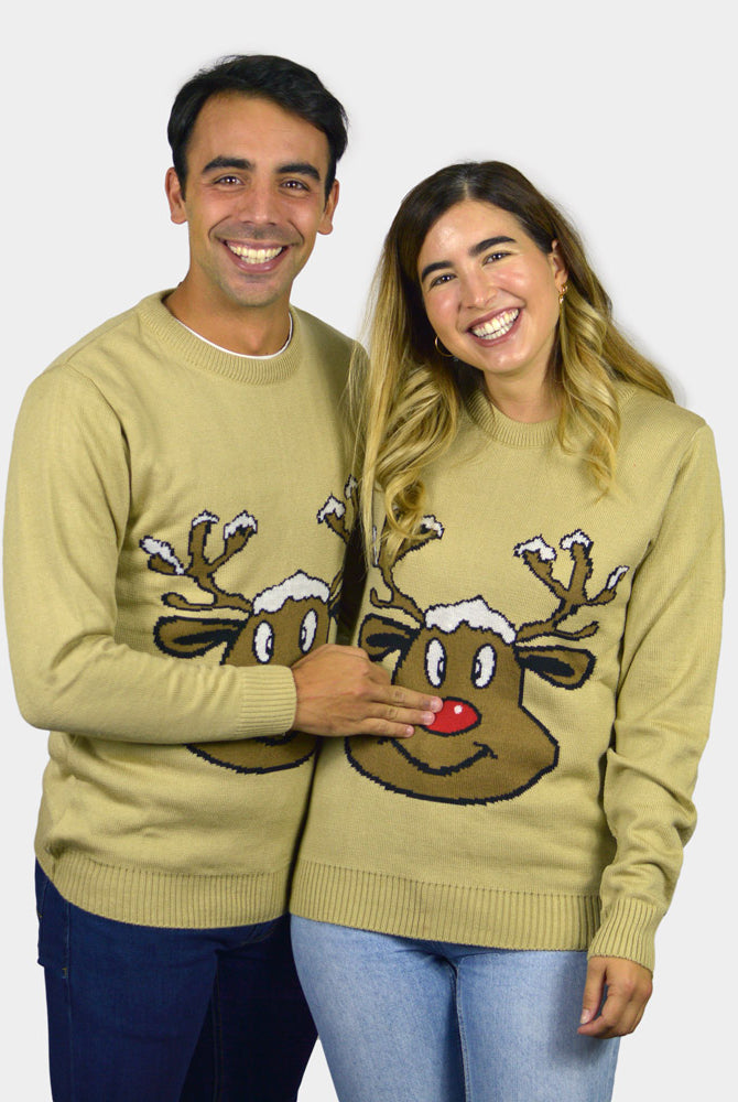 Pull de Noël pour Famille Beige avec Renne Souriant couple