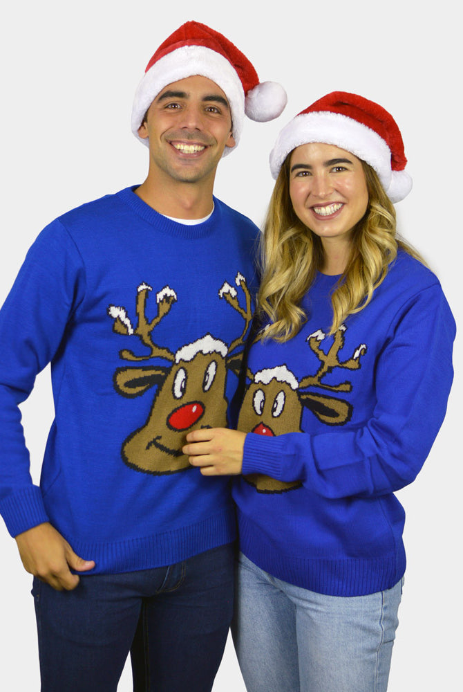 Pull de Noël pour Famille Bleu avec Renne Souriant couple