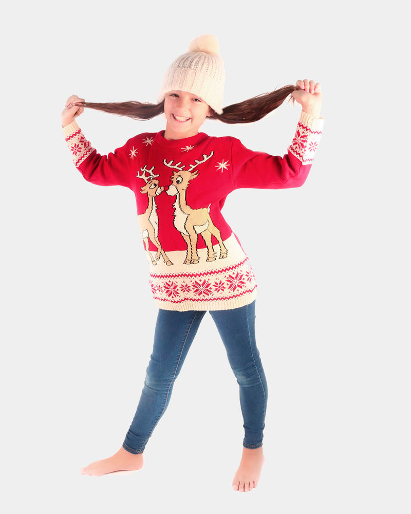 Pull de Noël pour Enfants Rouge avec Bébé Renne Fille