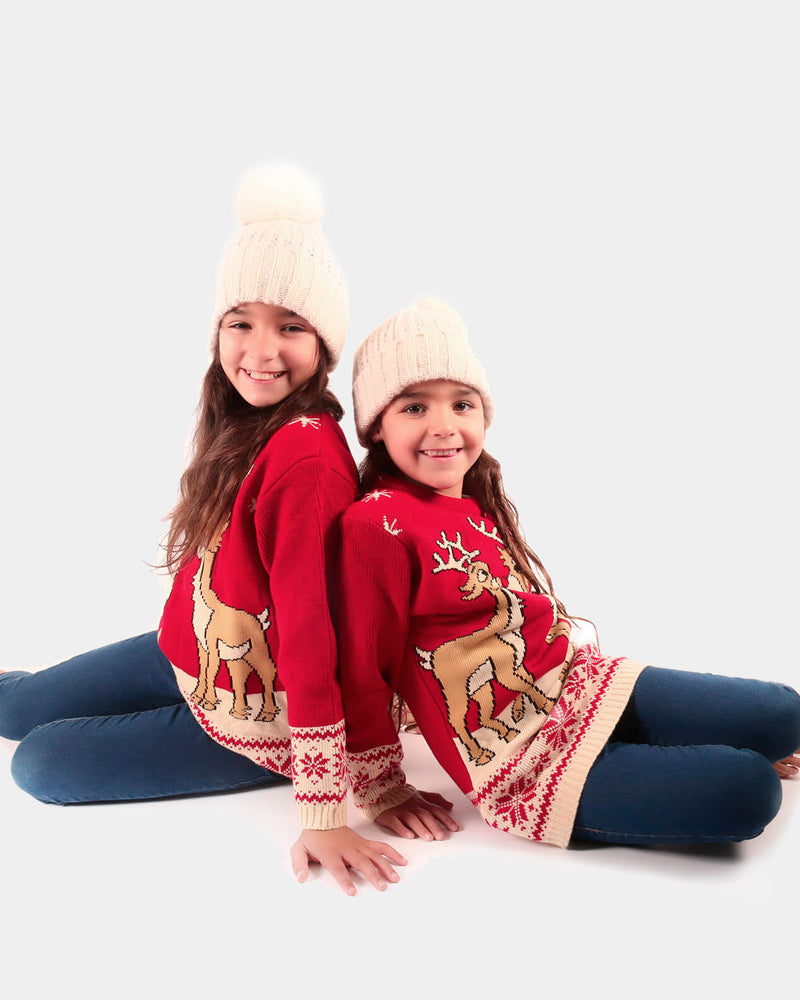 Pull de Noël pour Enfants Rouge avec Bébé Renne Filles