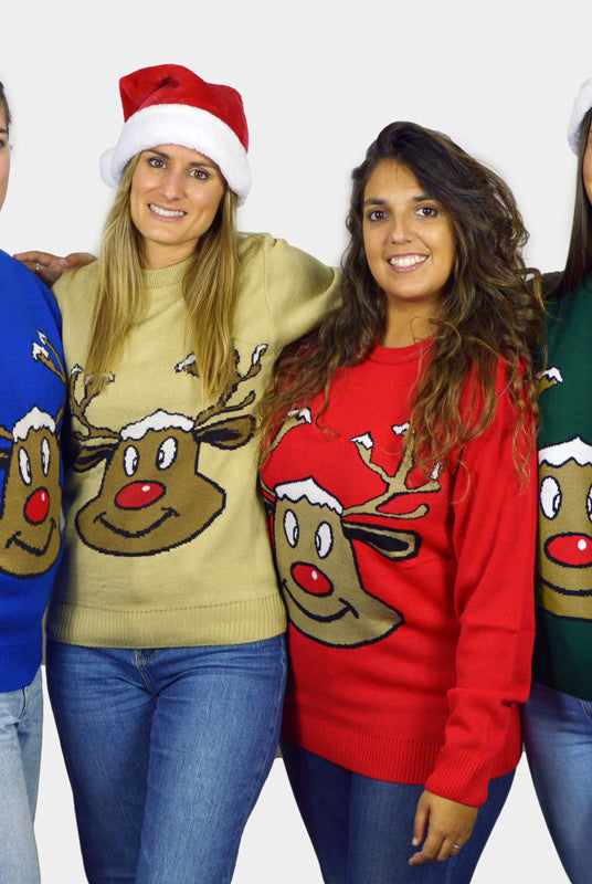 Pull de Noël pour Famille Rouge avec Renne Souriant femmes