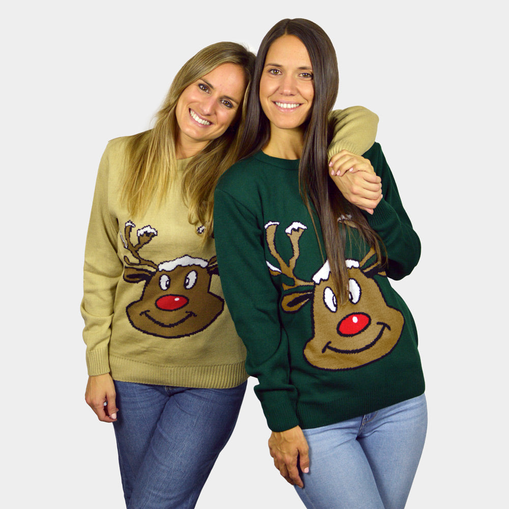 Pull de Noël Vert avec Renne Souriant femmes