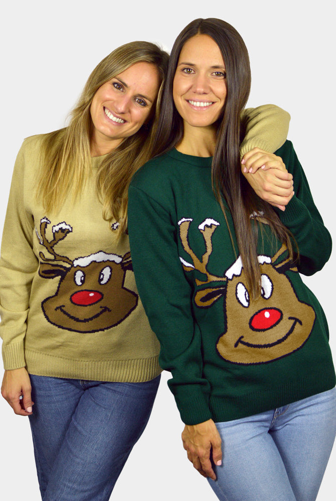 Pull de Noël pour Famille Beige avec Renne Souriant femmes