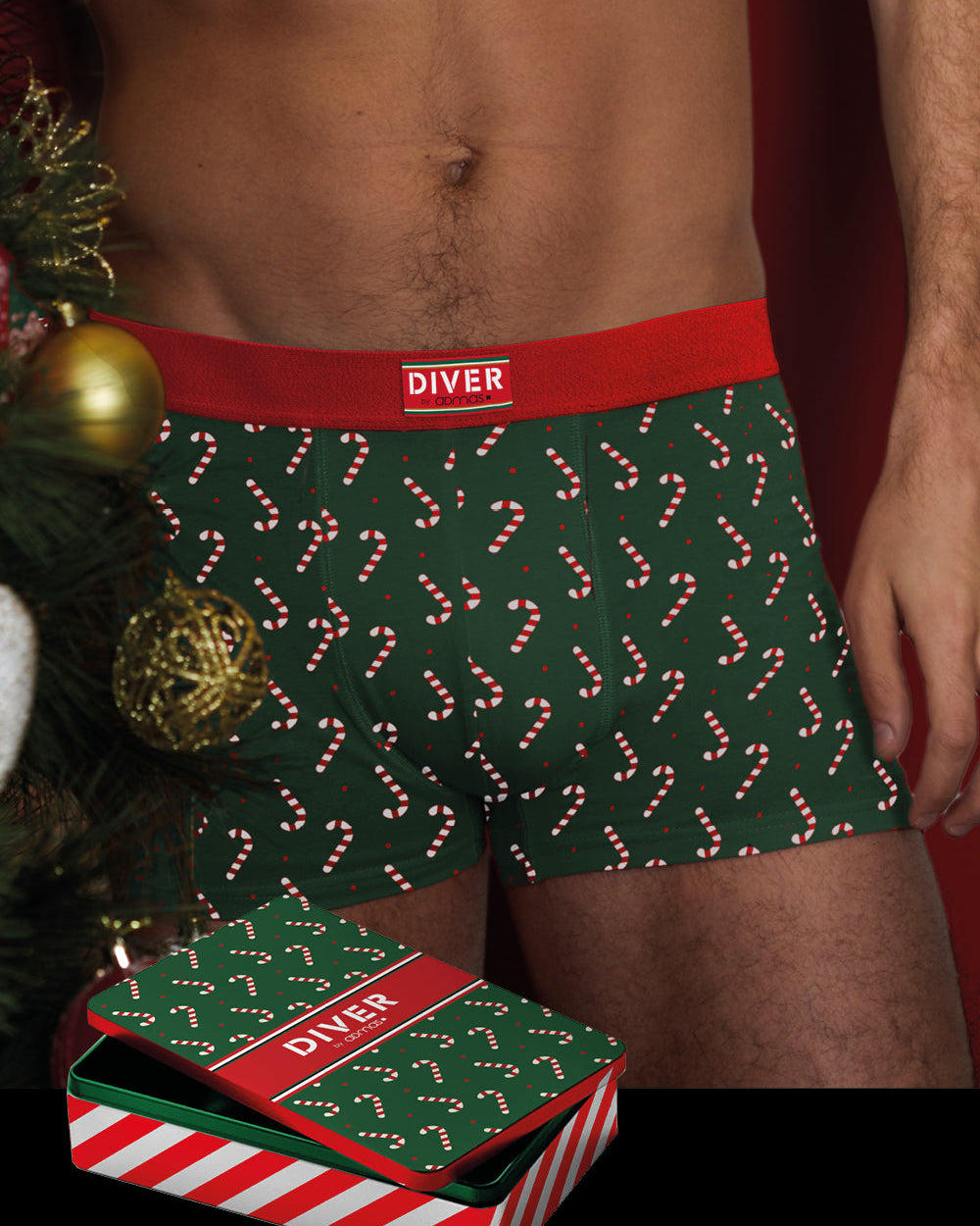 Boxer de Noël pour Homme Vert avec Cannes de Noël + Boîte Cadeau de Noël
