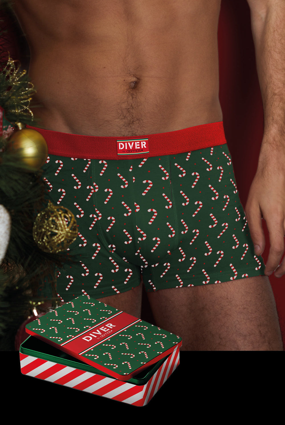 Boxer de Noël pour Homme Vert avec Cannes de Noël + Boîte Cadeau de Noël