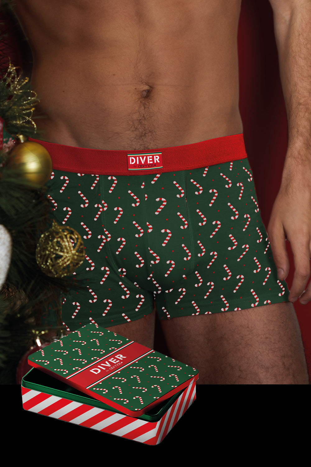 Boxer de Noël pour Homme Vert avec Cannes de Noël + Boîte Cadeau de Noël