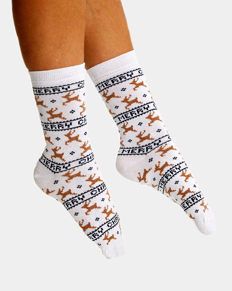 Chaussettes de Noël Unisexes Blanc Élégant avec Rennes Femme et Homme