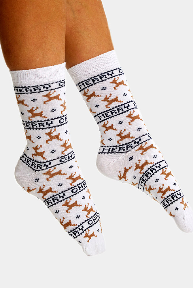 Chaussettes de Noël Unisexes Blanc Élégant avec Rennes Femme et Homme