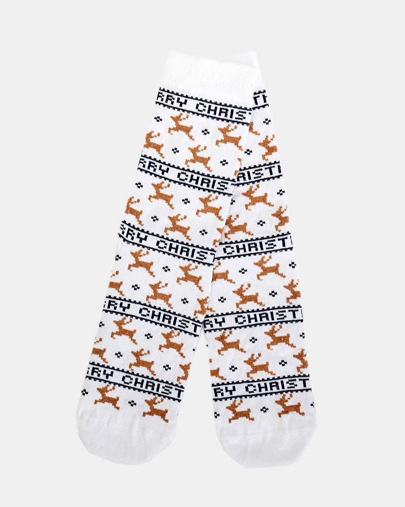 Chaussettes de Noël Unisexes Blanc Élégant avec Rennes