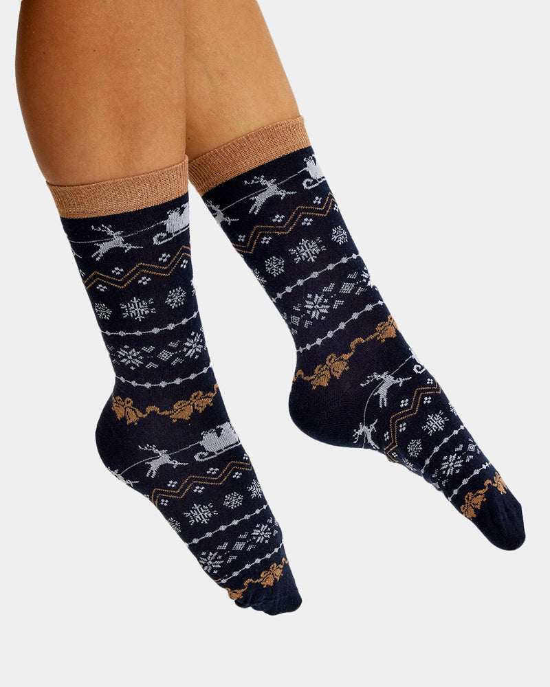 Chaussettes de Noël Unisexes Bleues avec Rennes et Neige Homme et Femme