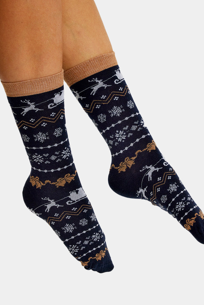 Chaussettes de Noël Unisexes Bleues avec Rennes et Neige Homme et Femme