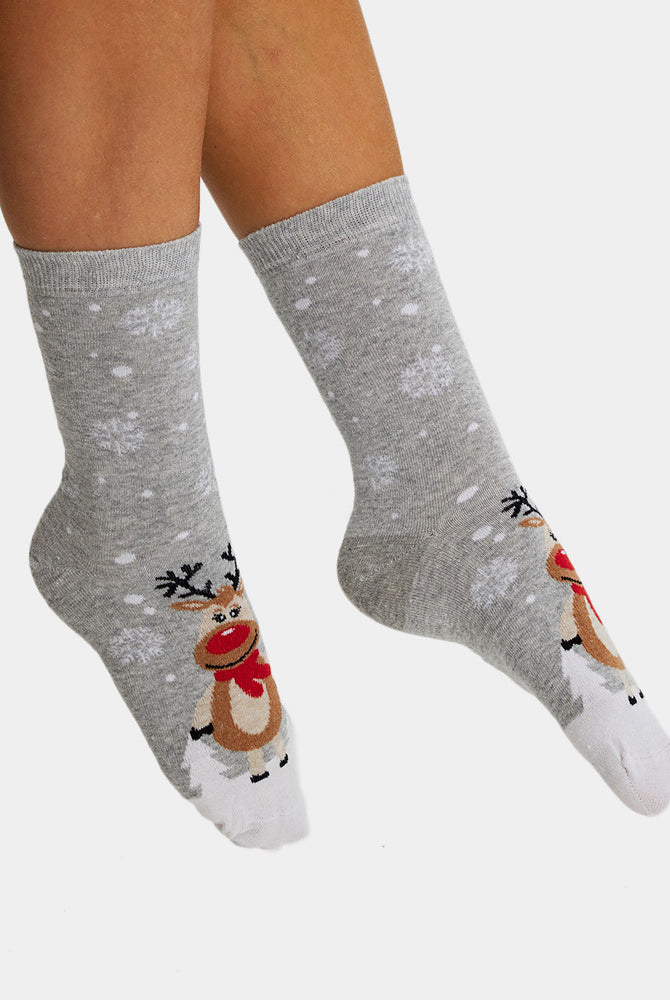 Chaussettes de Noël Unisexes Gris avec Rennes Mignonnes Femme et Homme