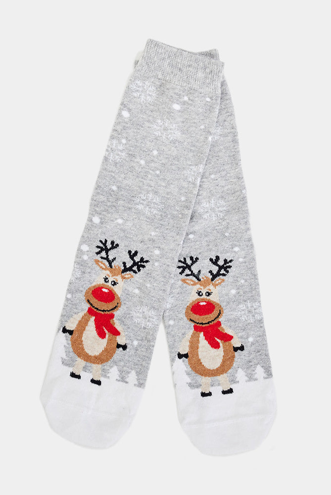 Chaussettes de Noël Unisexes Gris avec Rennes Mignonnes