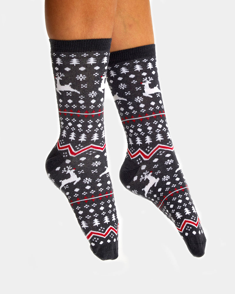 Chaussettes de Noël Unisexes Grises avec Renne et Sapins Femme et Homme