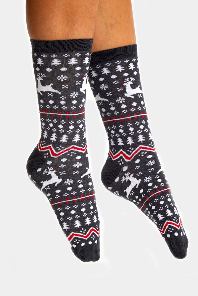 Chaussettes de Noël Unisexes Grises avec Renne et Sapins Femme et Homme