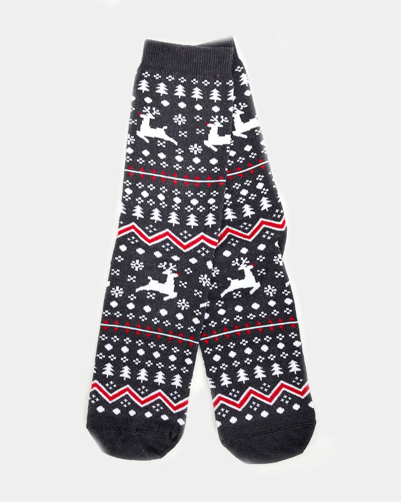 Chaussettes de Noël Unisexes Grises avec Renne et Sapins