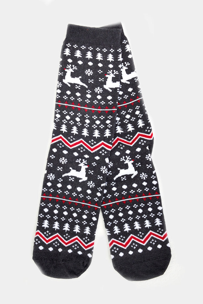 Chaussettes de Noël Unisexes Grises avec Renne et Sapins