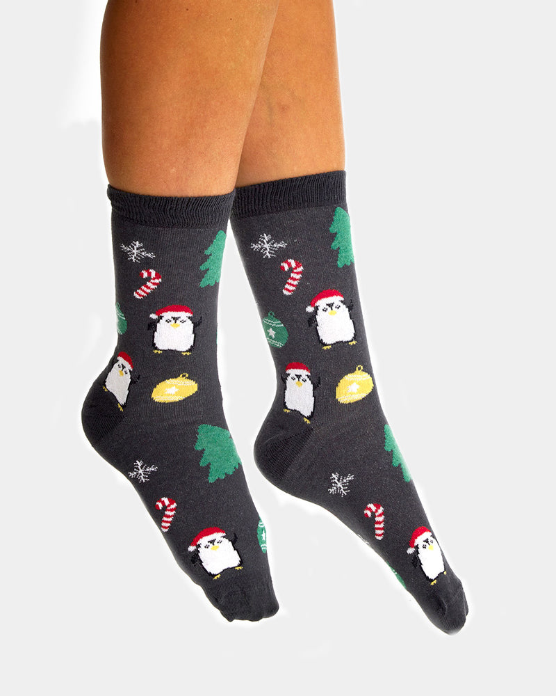 Chaussettes de Noël Unisexes Grises avec Sapins et Pingouins Femme et Homme