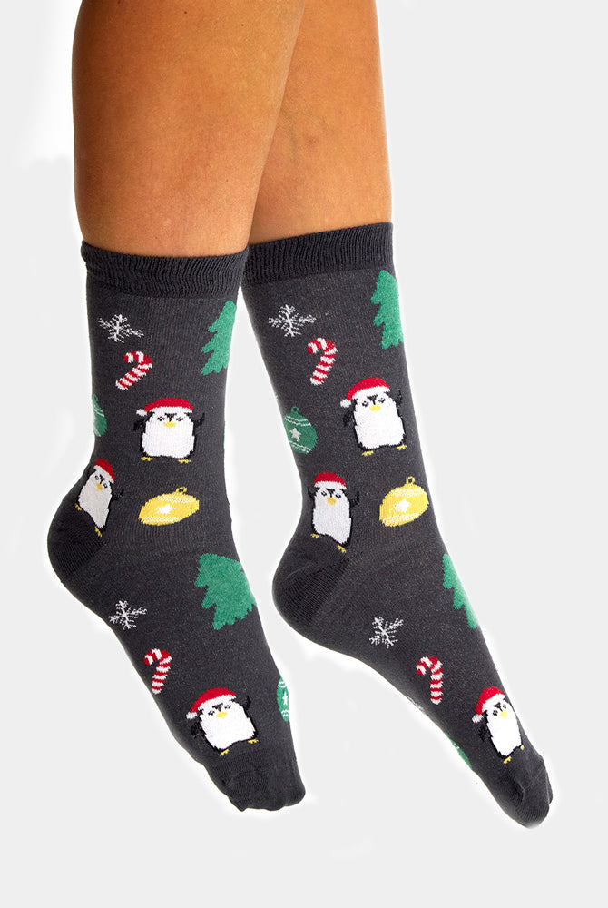 Chaussettes de Noël Unisexes Grises avec Sapins et Pingouins Femme et Homme
