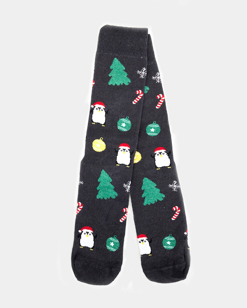 Chaussettes de Noël Unisexes Grises avec Sapins et Pingouins