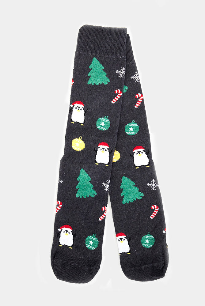 Chaussettes de Noël Unisexes Grises avec Sapins et Pingouins