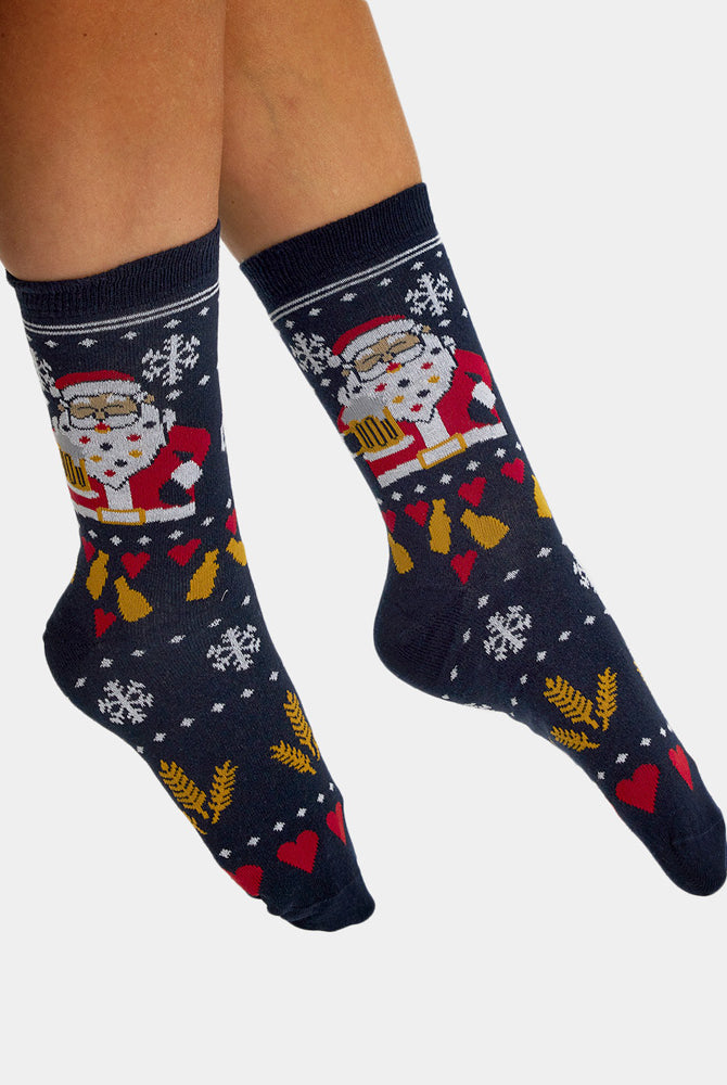Chaussettes de Noël Unisexes Père Noël avec Bière Femme et Homme