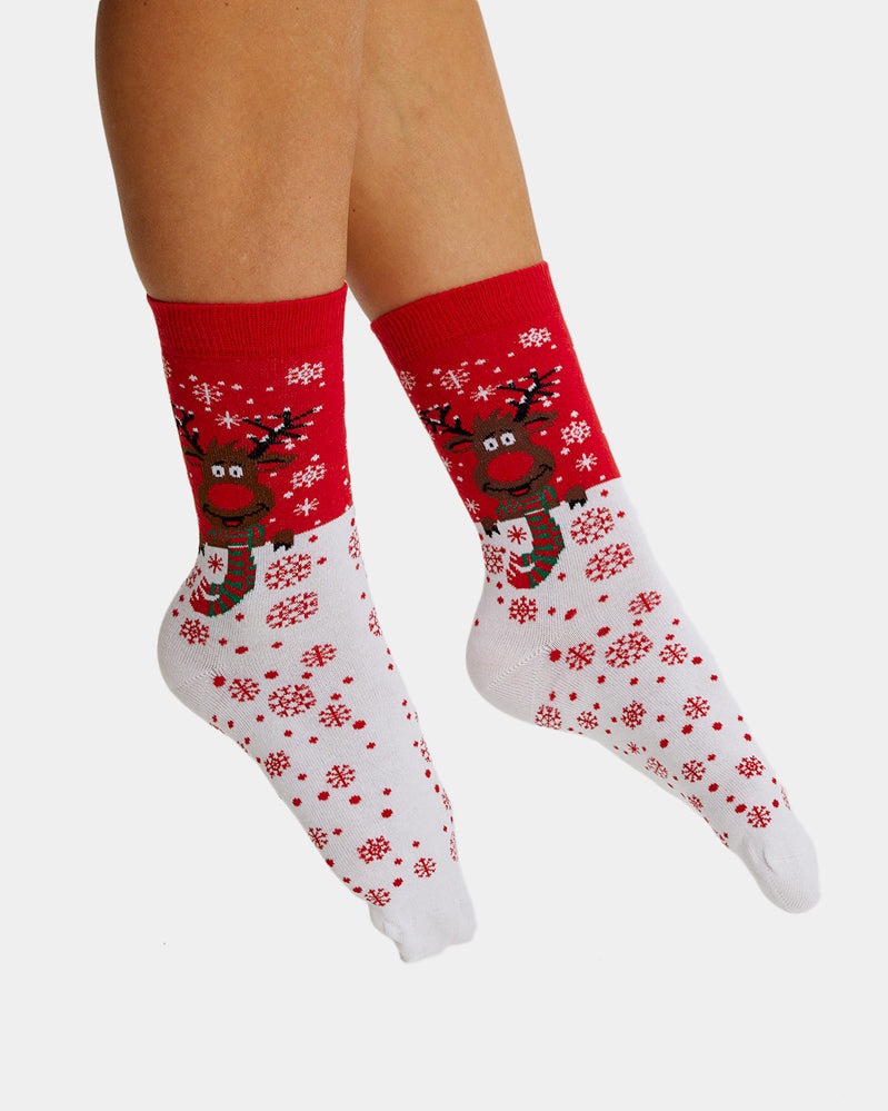 Chaussettes de Noël Unisexes Rouges Renne avec Écharpe Homme Femme