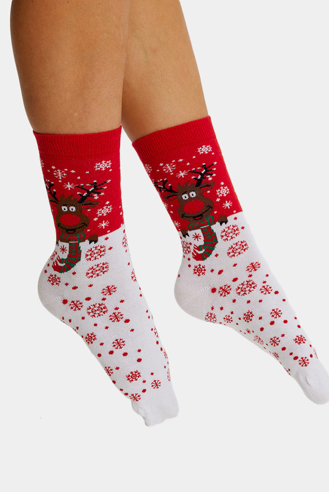 Chaussettes de Noël Unisexes Rouges Renne avec Écharpe Homme Femme