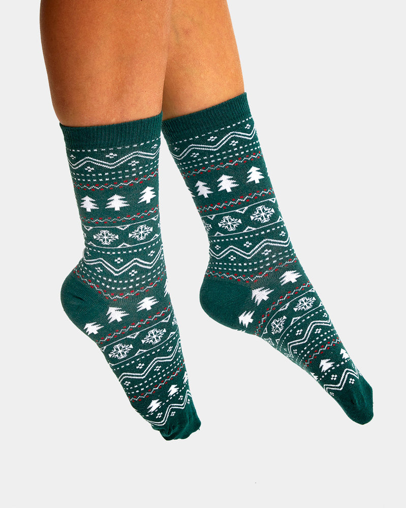 Chaussettes de Noël Unisexes Verts avec Sapins et Neige Femme et Homme