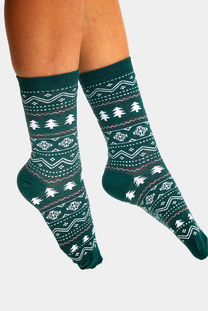 Chaussettes de Noël Unisexes Verts avec Sapins et Neige Femme et Homme