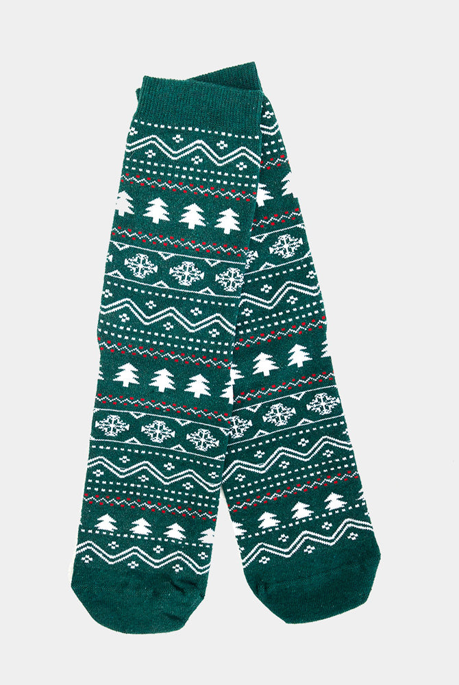 Chaussettes de Noël Unisexes Verts avec Sapins et Neige
