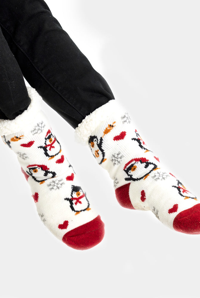 Chaussons Chaussettes de Noël Blanches avec Pingouins et Cœurs Femme et Homme
