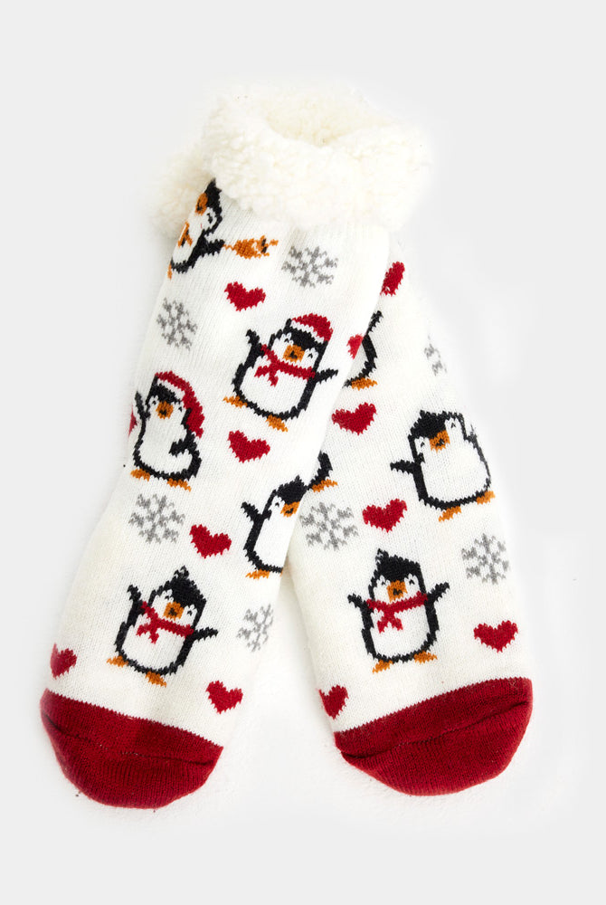 Chaussons Chaussettes de Noël Blanches avec Pingouins et Cœurs