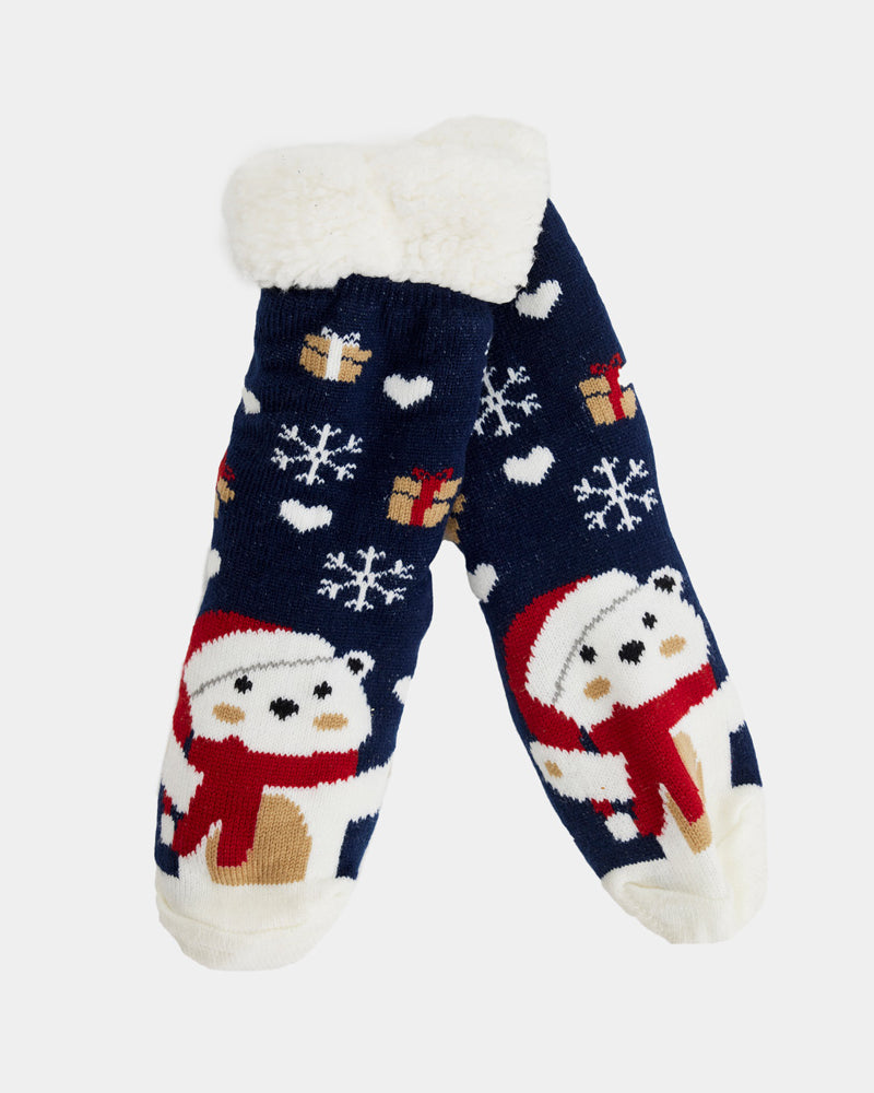 Chaussons Chaussettes de Noël Bleu avec Ours Polaire
