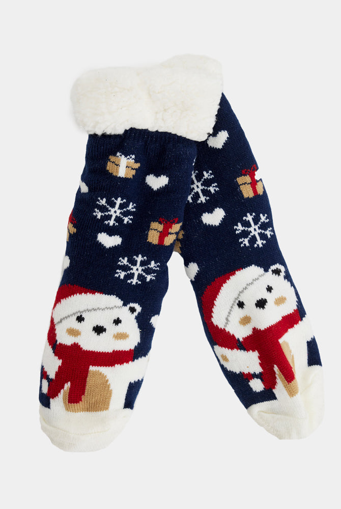 Chaussons Chaussettes de Noël Bleu avec Ours Polaire